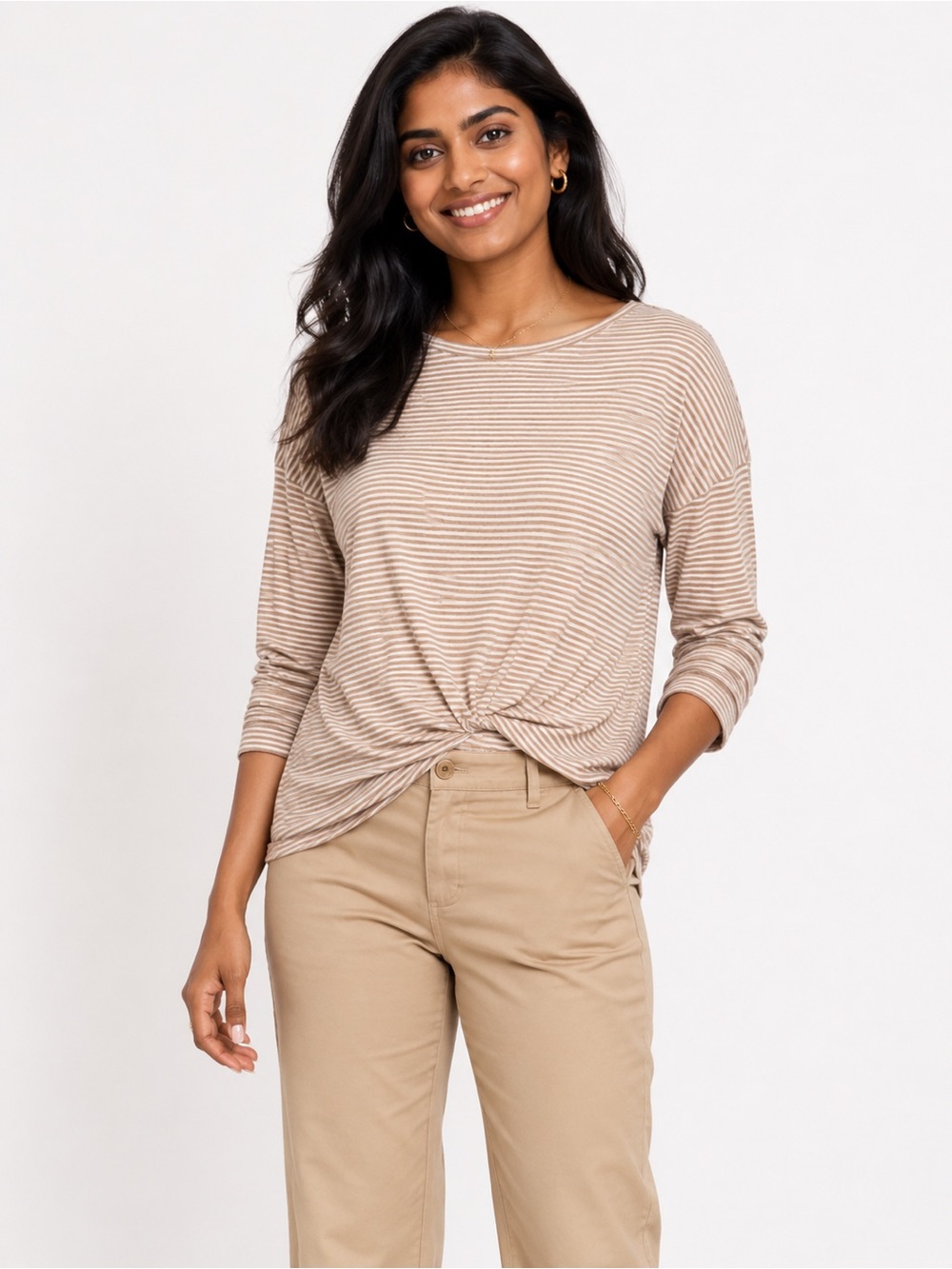 Gibsonlook Beige & Ivory Striped Twist Front Top – Size Small